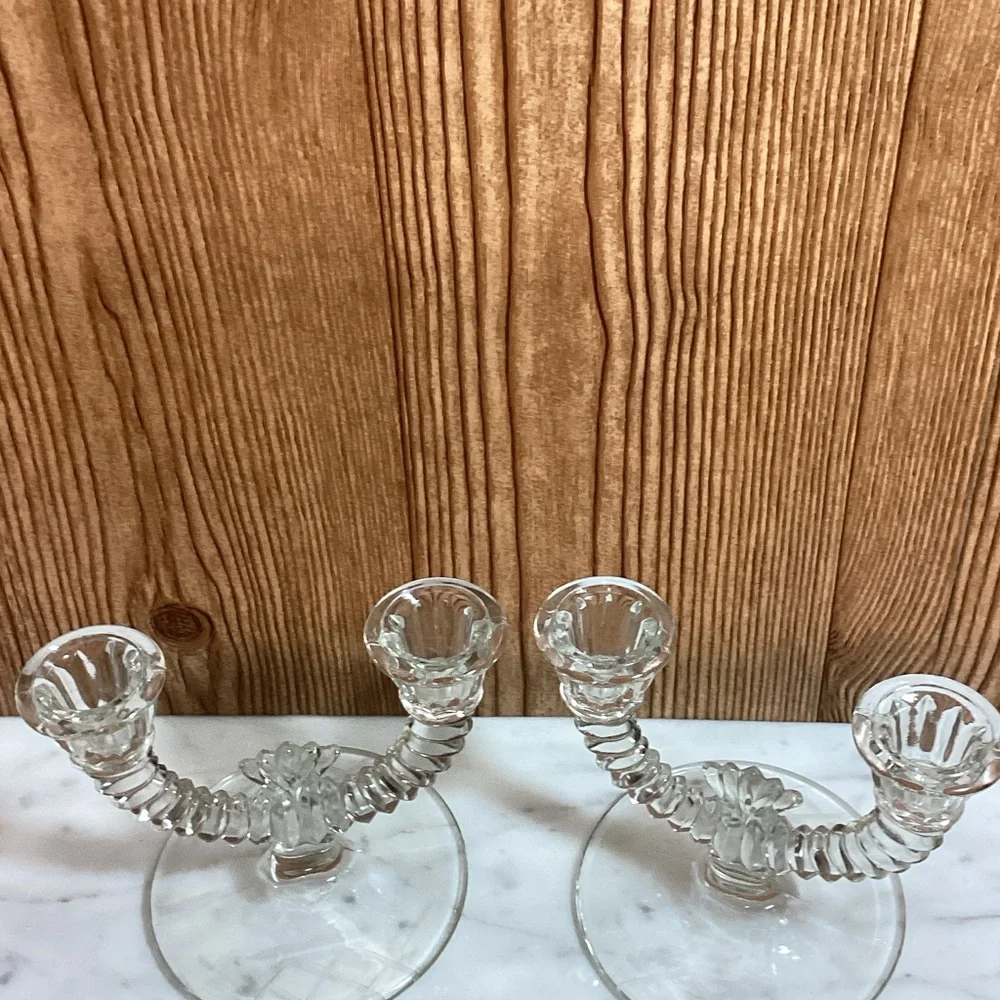 Vintage Paden City Clear Glass Double Candle Holders